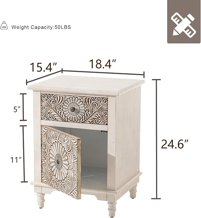 HOMPUS White Nightstand with Drawer & Storage, Fully-Assembled Flower Motif - Image 2