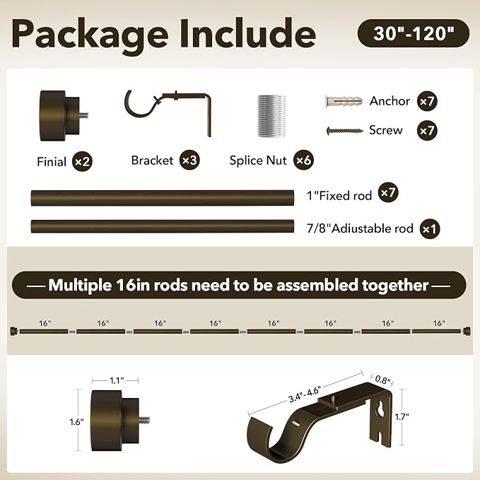 IFELS Heavy Duty Curtain Rods for Windows 66 to 120 Inch, 1 Inch Bronze Window - Image 7