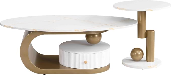 Modern Oval Coffee Table Set of 2, Faux Marble Coffee Table and Round End Table - Image 5