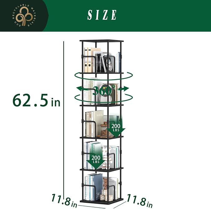 5-Tier Rotating Bookshelf, Freestanding Corner Bookshelf Industrial Style - Image 2