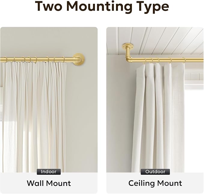 Zeerobee Curtain Rods for Windows 72 to 144, 1 Inch Industrial Wrap Around Gold - Image 5