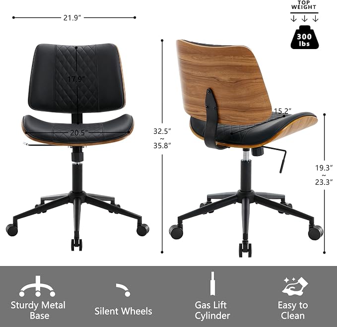 Home Office Chair No Arms with Wheels, Adjustable Height Small Desk Chair - Image 2