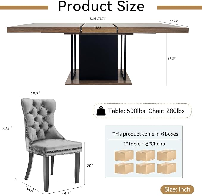 Henf 63"-79" Dining Table Set for 8, 9 Pieces Extendable Dining Table and 8 - Image 7