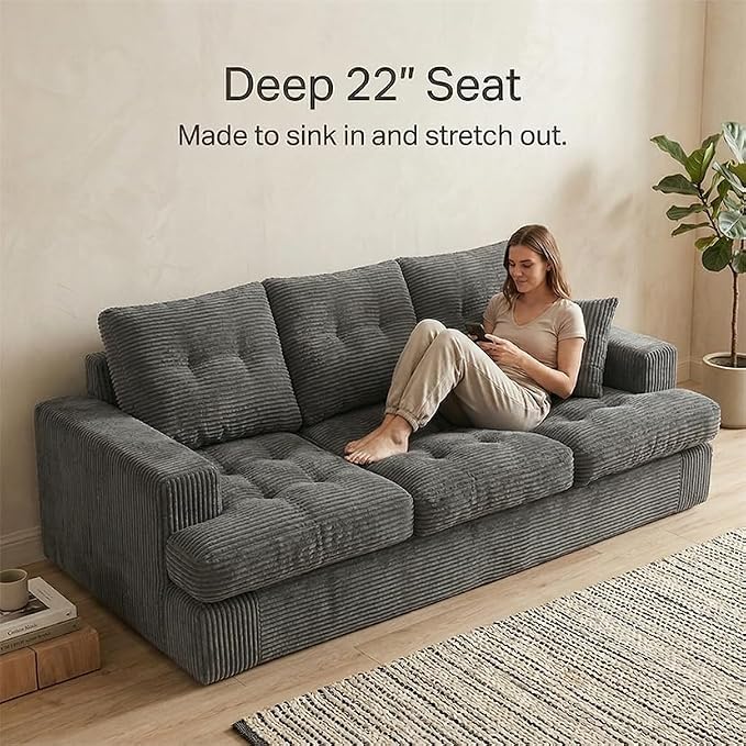 85" Corduroy 3 Seater Sofa in a Box, High-Density Foam Couch, No Assembly - Image 4