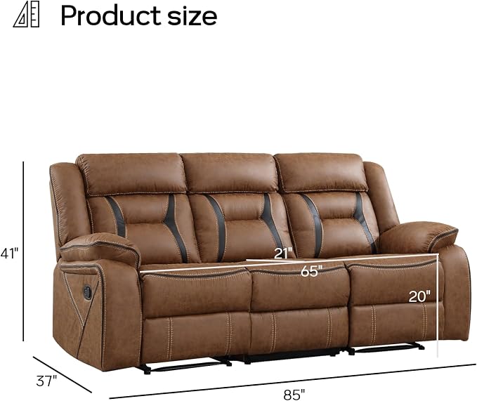 EBELLO Faux Leather Manual Reclining Sofa, 3 Seat Recliner Sofa Chair, Couch - Image 2