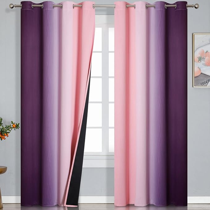 Ombre Pink and Purple Blackout Curtains 96 Inches Long, Full Room Darkening by ESTELARTEXTILER
