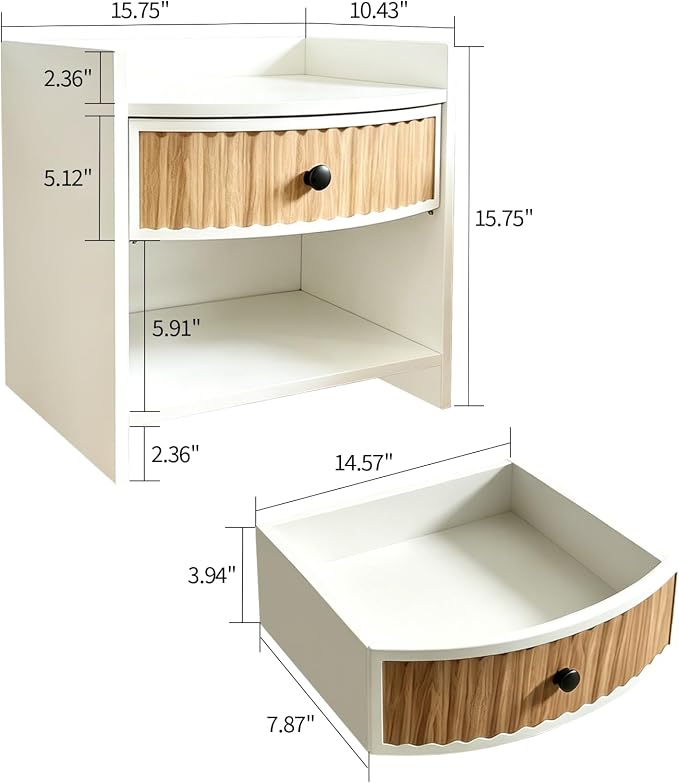 Wooden Nightstand with Drawer and Open Storage Shelf, Curved Front Bedside Table - Image 2