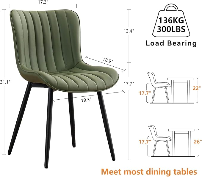 YOUNUOKE Mid-Century Modern Dining Chairs Set of 2, Olive Green Faux Leather - Image 2