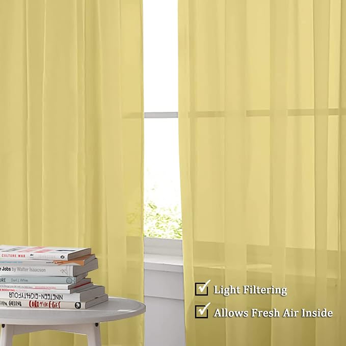 OWENIE Sheer Curtains 63 inch Length 2 Panels Set, Ivory Sheer Cutains Short - Image 2