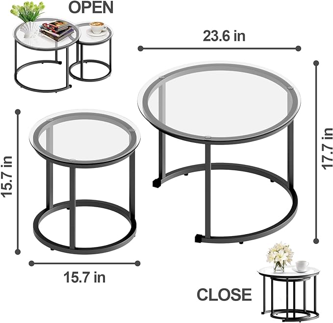 aboxoo Black Nesting Coffee Glass Table Set of 2, Metal Freme Side End Tables - Image 3