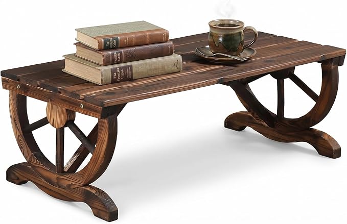 VINGLI Rustic Wooden Wheel Bench Outdoor Bench, Patio Bench Wagon Slatted Seat by VINGLI