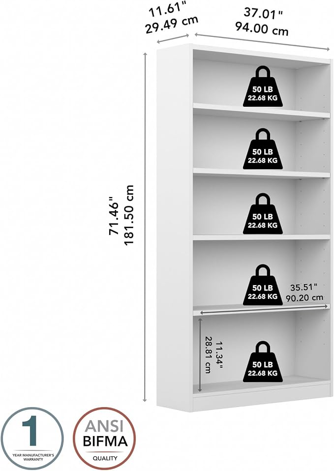 Bush Home Tall 5 Shelf Bookcase, 5 Tier Bookshelf Storage Cabinet - Image 3