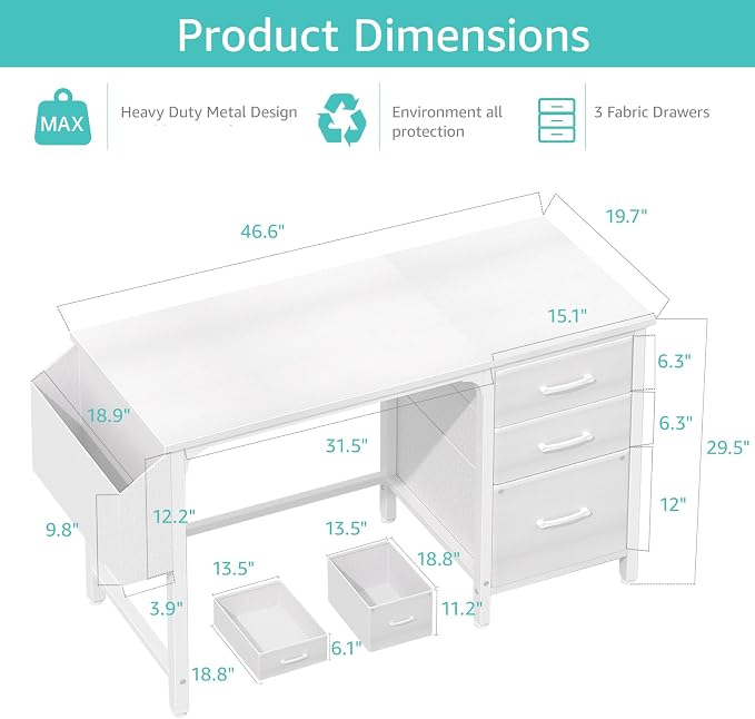 Lufeiya White Desk with File Drawers Cabinet, 47 Inch Reversible Computer Desk - Image 3