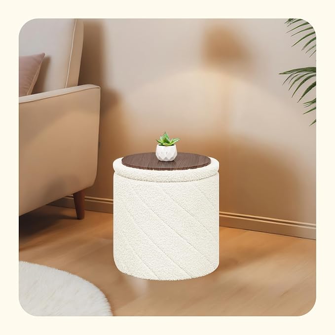 PINPLUS Ottoman with Stroage Round Boucle Ottoman and Tray Sherpa Removable - Image 2
