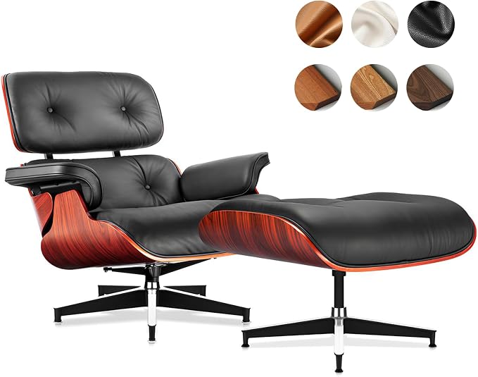 Top Black Grain Leather, Mid Century Chaise Lounge Chair and Ottoman, Modern by MakeHomeBetter