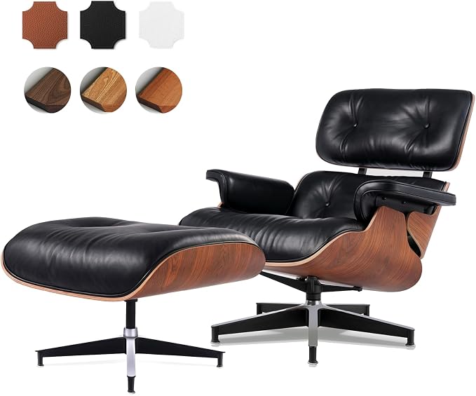 Top Black Grain Leather, Mid Century Chaise Lounge Chair and Ottoman, Leather by MakeHomeBetter