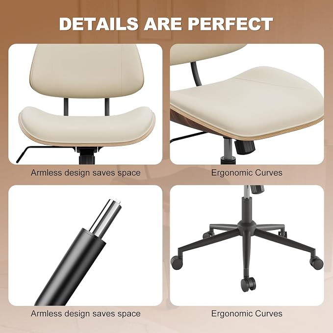 Armless Office Chair with Wheels, PU Leather Adjustable Height Desk Chair - Image 4