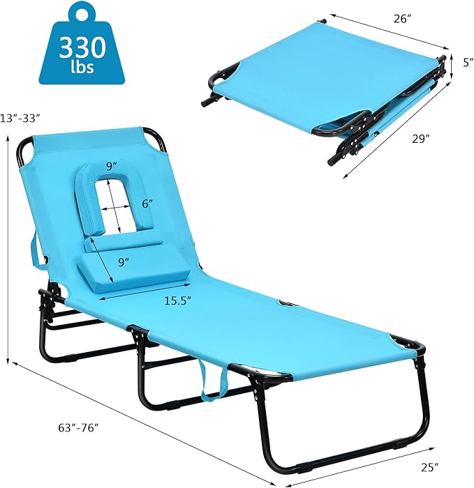 Folding Beach Lounge Chair w/ 5 Adjutable Backrest & Padded Pillow, Sunbathing - Image 2