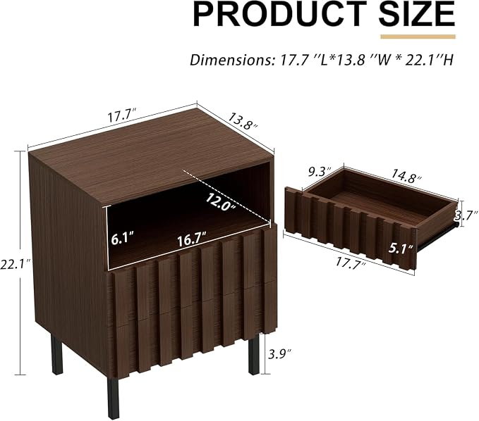 UEV Mid Century Modern Fluted Nightstand Set of 2, 2 Drawers End Table - Image 3