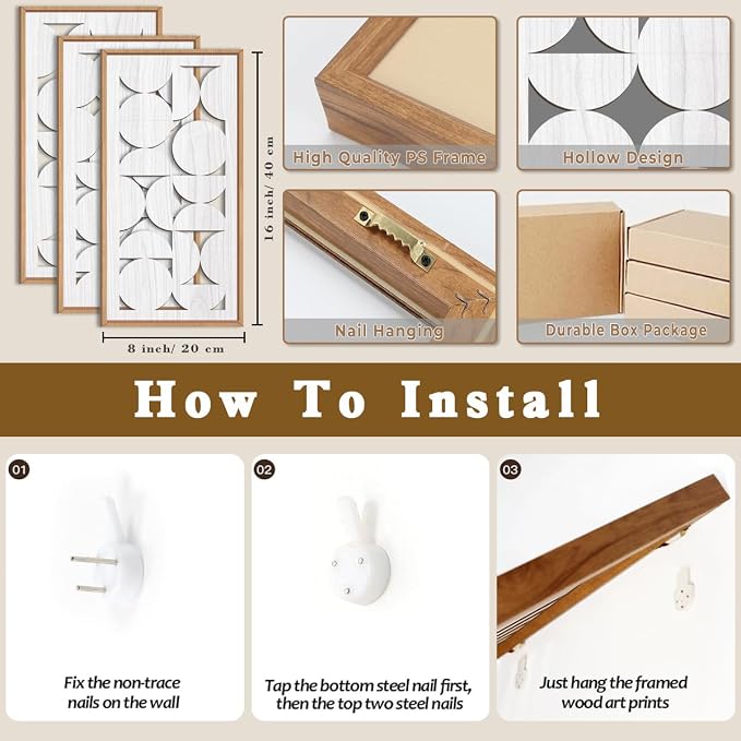 IARTTOP White Abstract Wood Wall Art Framed 8x16 Inch Set of 3 Modern - Image 2