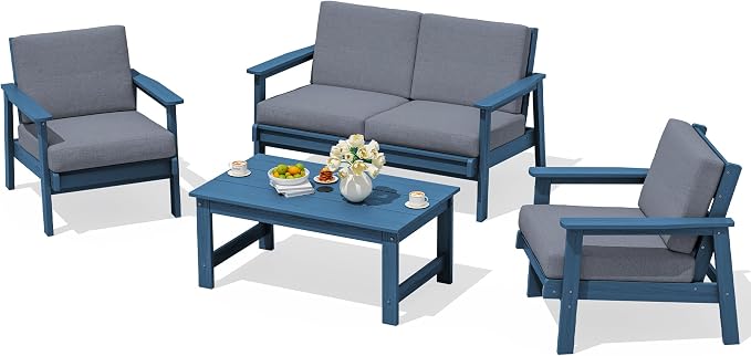 SERWALL 4 Piece HDPE Outdoor Furniture Set, All Weather Wood-Like Outdoor Sofa by SERWALL