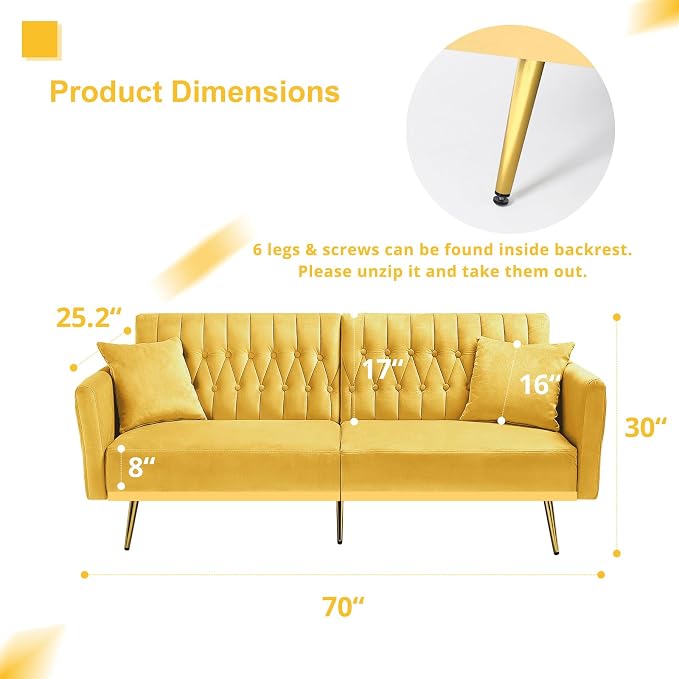70” Velvet Futon Sofa Bed w/Adjustable Armrests & 2 Pillows, Convertible Futon - Image 3