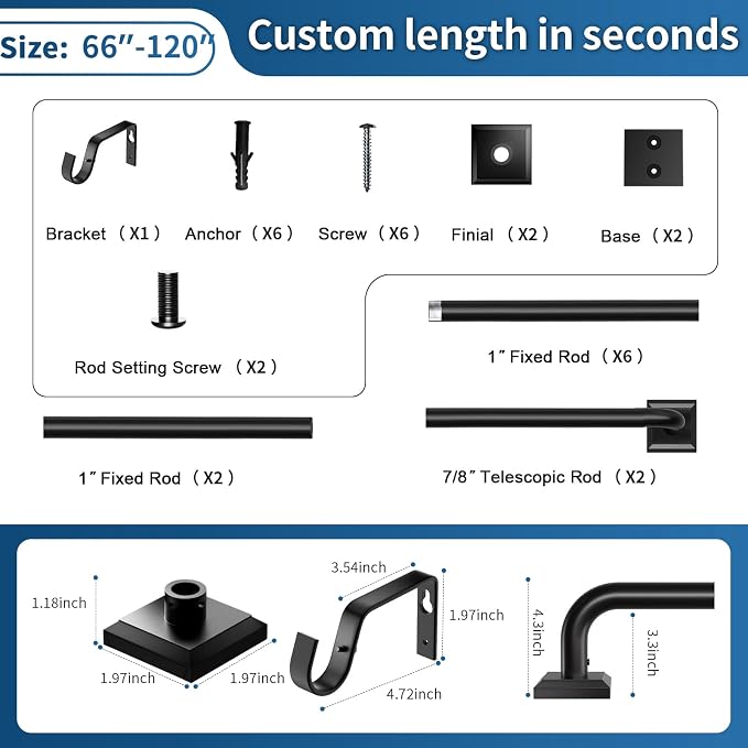 Black Curtain Rods for Windows 66-120Inch Heavy Duty French Return Rod - Image 8