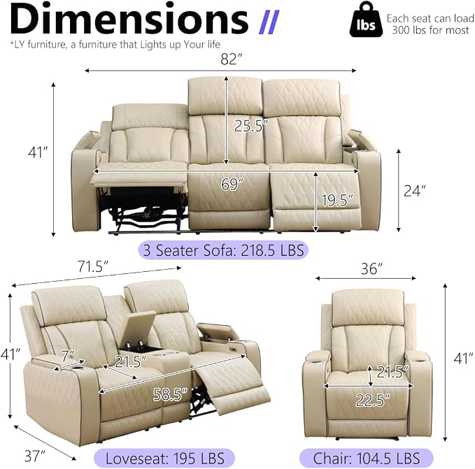 Leather Power Recliner Sofa Set, Living Room Furniture Sets, 2 Piece Reclining - Image 2