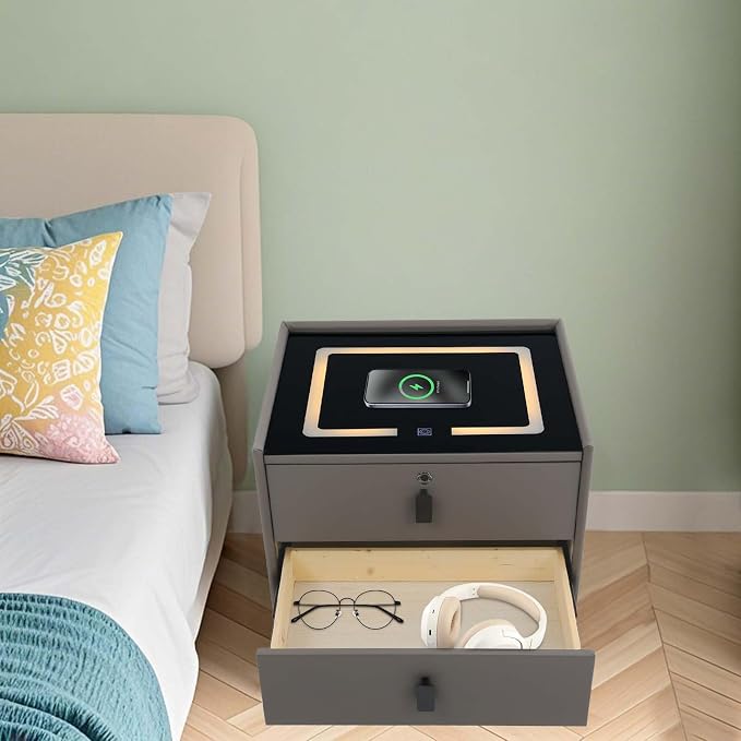 Smart Nightstand w/Fingerprint Lock Drawers, Smart Bedside Table w/USB Charging - Image 4