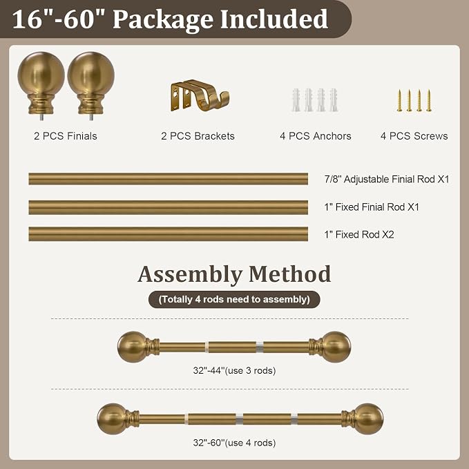 Warm Gold Curtain Rods for Windows Small 28 to 48 Inch 1" Diameter Short - Image 9