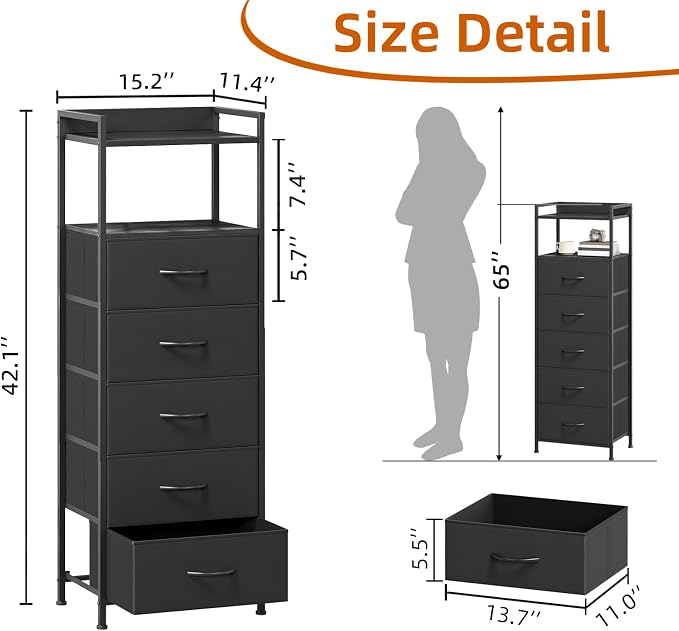 Somdot Tall Dresser for Bedroom, 5 Drawers Nightstand Vertical Storage Tower - Image 3