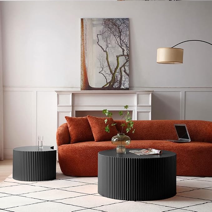 Black Round Coffee Table Nesting End Table Set of 2 Fluted Side Tables Set - Image 5