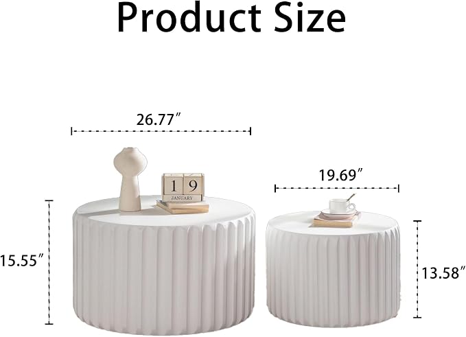 46.46'' White Round Coffee Table Set of 2, Modern Circle Fluted Drum Nesting - Image 2