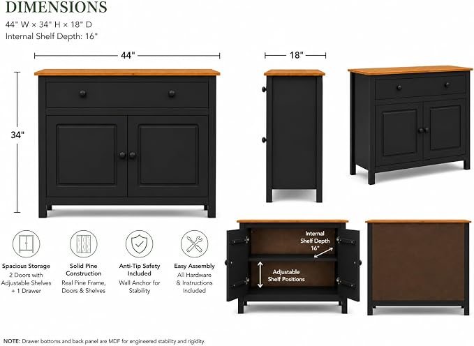 From the Tree Furniture 44" Wide Black & Pine Top Solid Pine Shaker Sideboard - Image 2