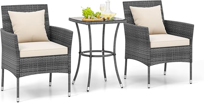 Tangkula 3-Piece Patio Furniture Set, PE Wicker Conversation Bistro Set w/A by TANGKULA