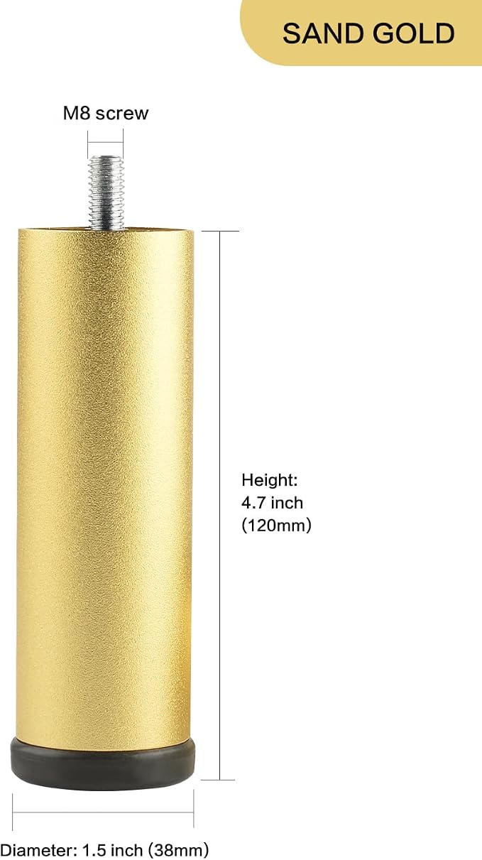 4 Pack Gold Metal Furniture Legs M8 Replacement Sofa Legs Screw in 4.7 Inch - Image 2