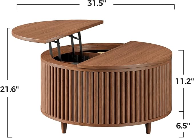 Evermagin 31.5'' Round Coffee Table, Fluted Lift Top Oak Coffee Table - Image 2