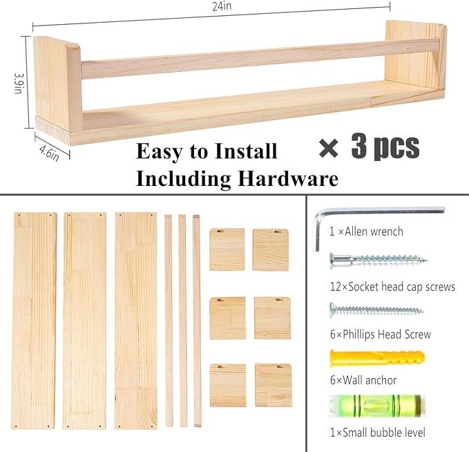 AZSKY 24 Inch Natural Pine Wood Floating Shelves, Nursery Book Shelves - Image 3