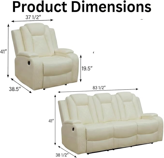 Power Recliner Sofa Set with LED Lights, Includes 2 Manual Recliner 1 Seat and - Image 2