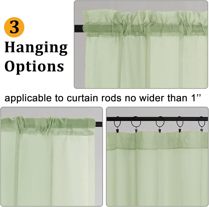 Gwine Light Green Sheer Curtains 30 Inch Length, Short Light Filtering Voile - Image 4