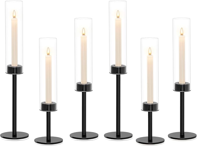 Black Hurricane Glass Candle Holders Set of 6, Tall Metal Taper Candle Stick - Image 8