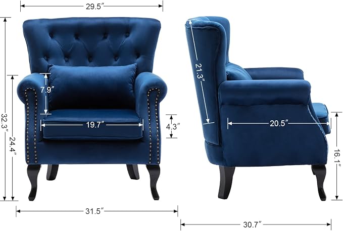 Set of 2 Mid-Century Modern Accent Chair, Velvet Armchair w/Tufted Back/Wood - Image 3