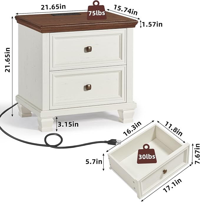 SAVOR LIFE Farmhouse Nightstand Set of 2, Rustic Low Nightstands - Image 2