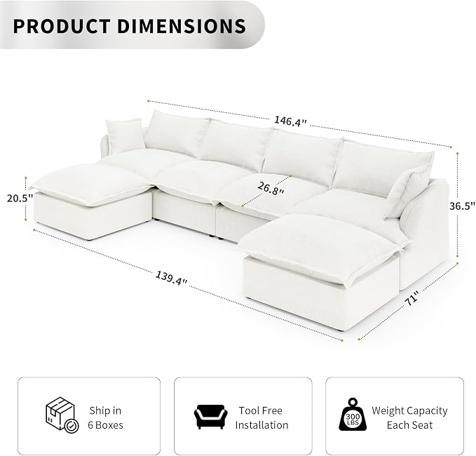 6 Seat U Shape Modular Sectional Couch Sofa - Image 2