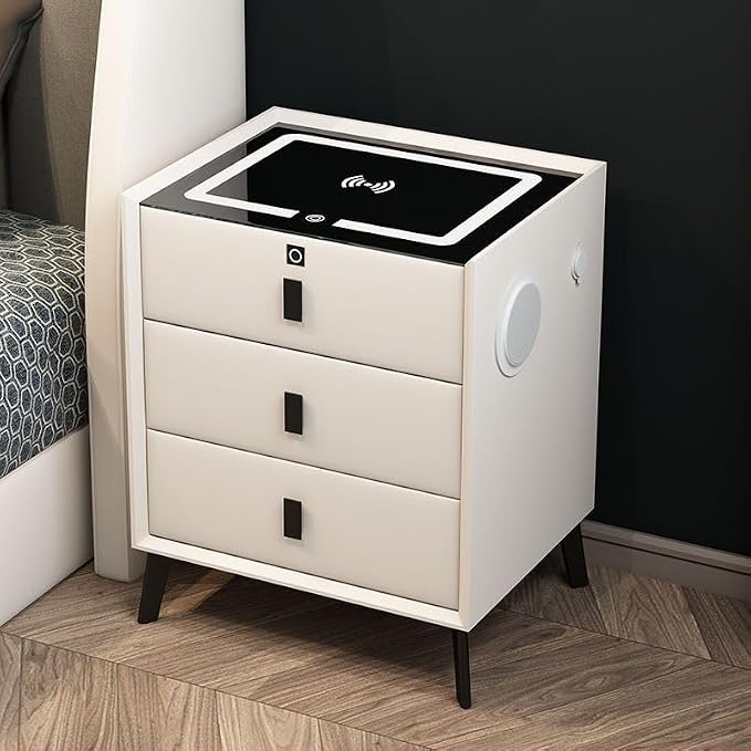 Smart Nightstand with Wireless Charging & Fingerprint Lock, 3-Drawer Bluetooth by Hanmorfarbi