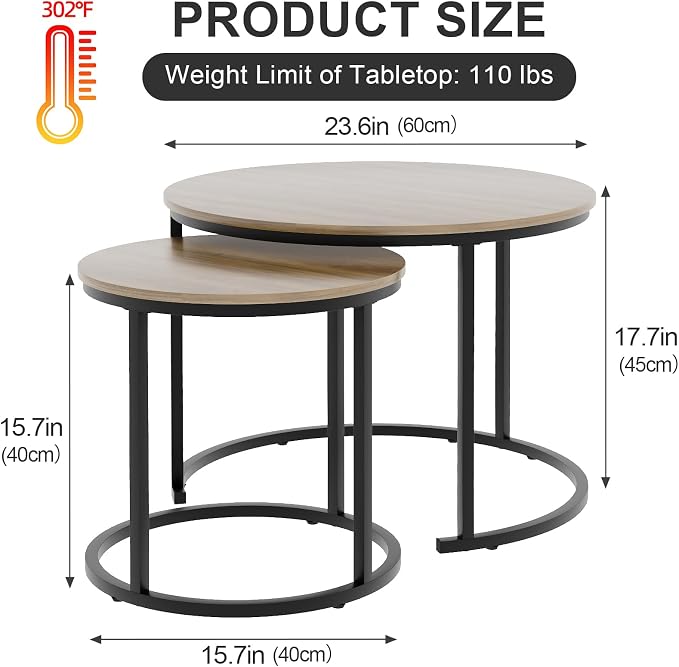 Garden 4 you Nesting Coffee Table, 23.6" Round Coffee Table Set of 2, Wooden - Image 3