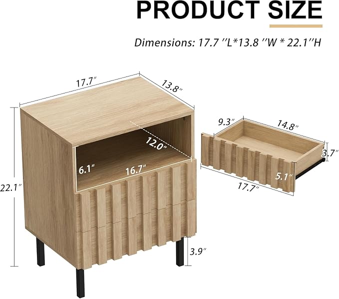 UEV Mid Century Modern Fluted Nightstand Set of 2, 2 Drawers End Table - Image 3