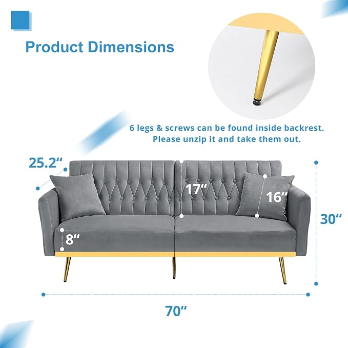 70” Velvet Futon Sofa Bed with 2 Pillows and Adjustable Armrests, Convertible - Image 3