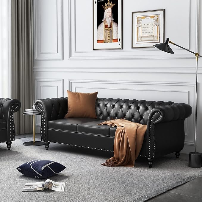 AVZEAR Chesterfield Leather Sofa 3 Seater Couch, Mid-Century Large Sofa Roll - Image 3
