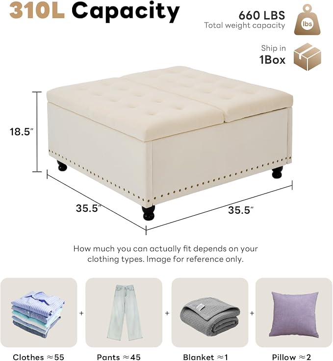 Tbfit Large Square Storage Ottoman Bench, Tufted Upholstered Coffee Table - Image 2